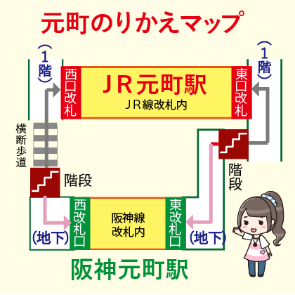 元町の駅わかりやすい構内図（元町のりかえマップ）