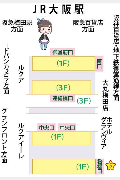 JR大阪駅の構内図と待ち合わせ場所一覧マップ
