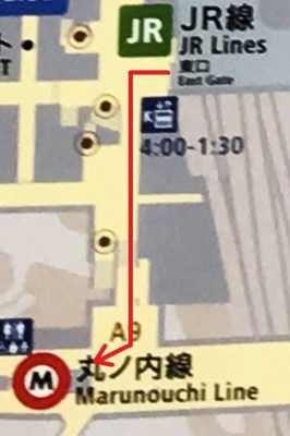 JR新宿駅「東口」改札から丸ノ内線新宿駅「東改札」への道順マップ