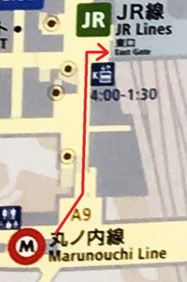 丸ノ内線新宿駅「東改札」からJR新宿駅「東口」改札への道順マップ
