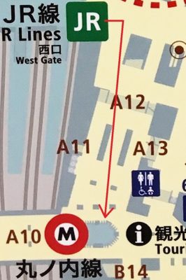 JR新宿駅「西口」改札から丸ノ内線新宿駅「西改札」への道順マップ