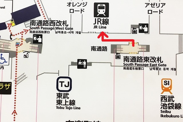地下鉄池袋駅（有楽町線）からJR池袋駅への道順マップ