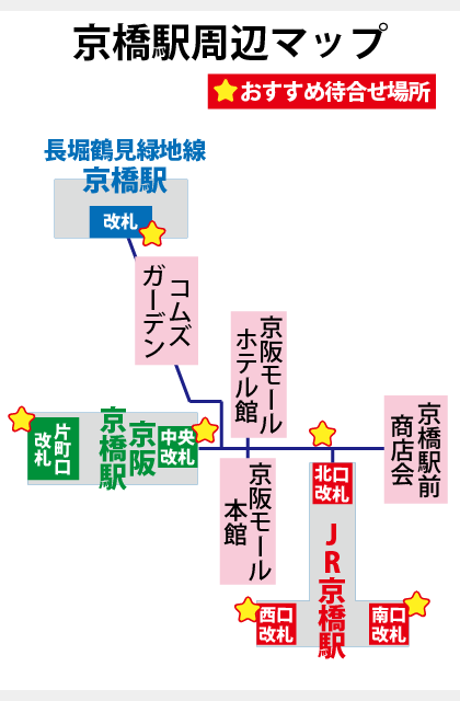 JR京橋駅・京阪京橋駅、地下鉄京橋駅の改札口、待ち合わせ場所、商業施設一覧マップ