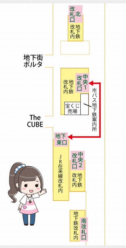 JR京都駅地下東口改札から地下鉄改札口への乗り換えマップ
